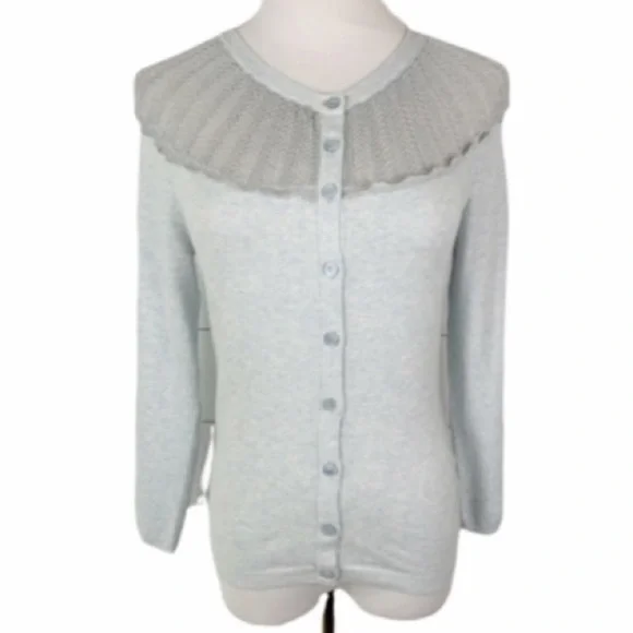 𝅺SPARROW Anthropologie Shimmer Fan Cardigan Sweater Button Blue XS - Picture 3 of 11